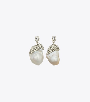 Tory Burch designer earrings Moondance Crystal and Pearl Drop Earrings in Ivory / Crystal front