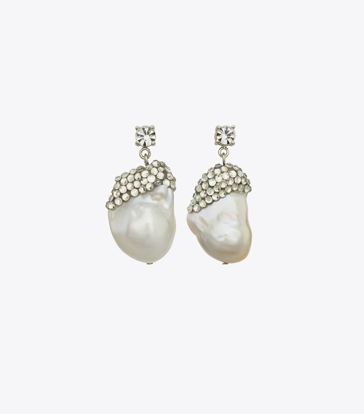 Tory Burch designer earrings Moondance Crystal and Pearl Drop Earrings in Ivory / Crystal front