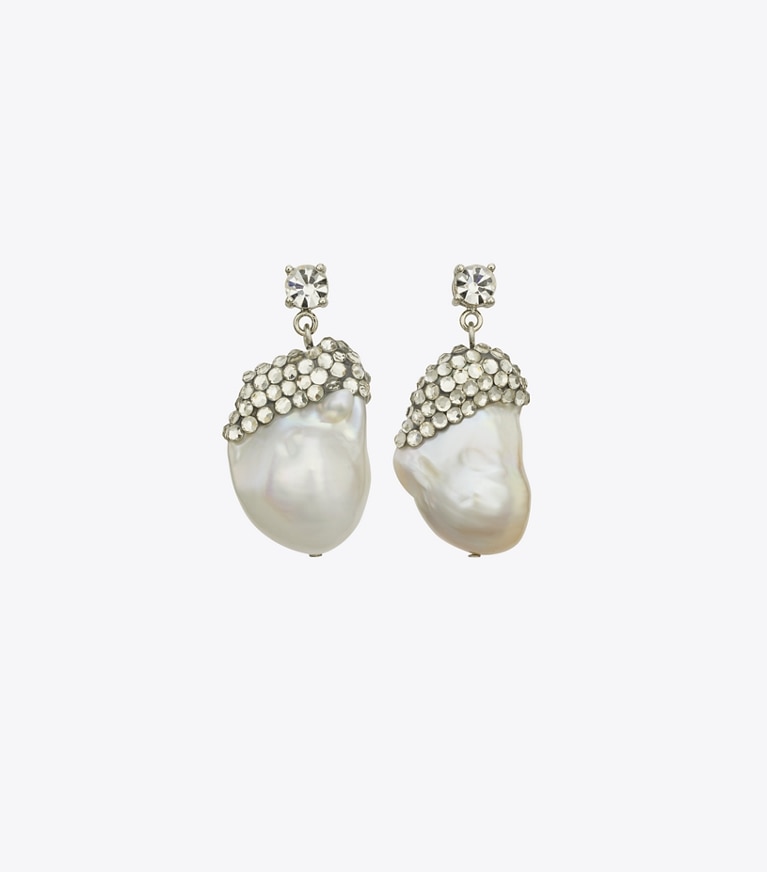 Tory Burch designer earrings Moondance Crystal and Pearl Drop Earrings in Ivory / Crystal front