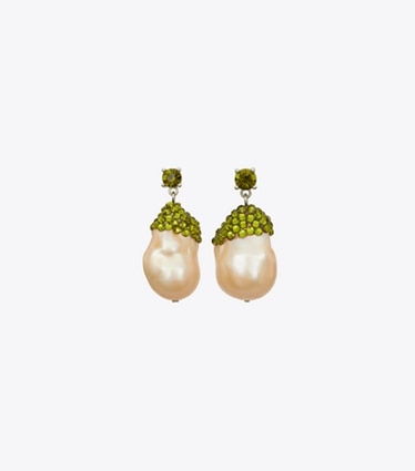 Tory Burch designer earrings Moondance Crystal and Pearl Drop Earrings in Pink / Green front