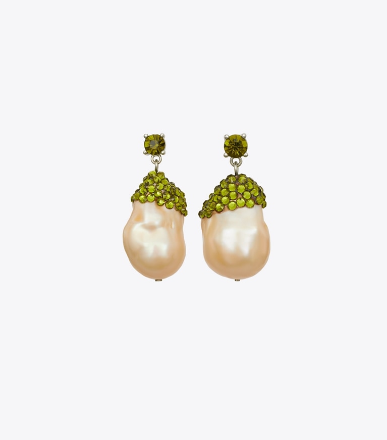 Tory Burch designer earrings Moondance Crystal and Pearl Drop Earrings in Pink / Green front