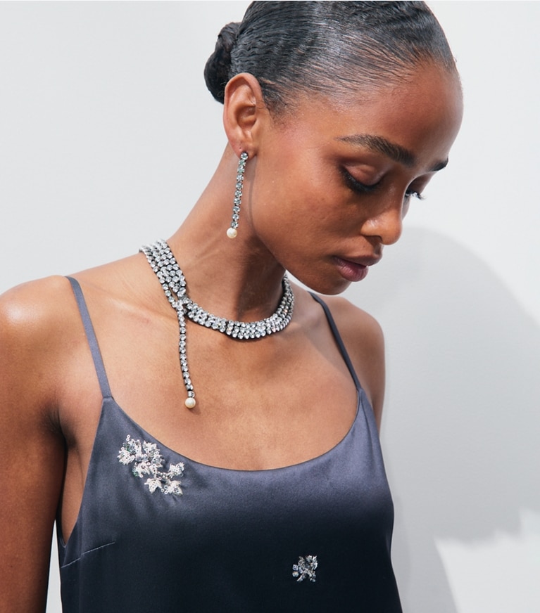 Tory Burch designer necklaces Moondance Crystal Pearl Necklace in Hematite / Crystal / Cream accessory on model