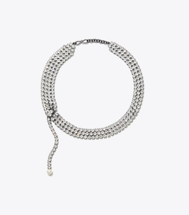 Tory Burch designer necklaces Moondance Crystal Pearl Necklace in Hematite / Crystal / Cream front