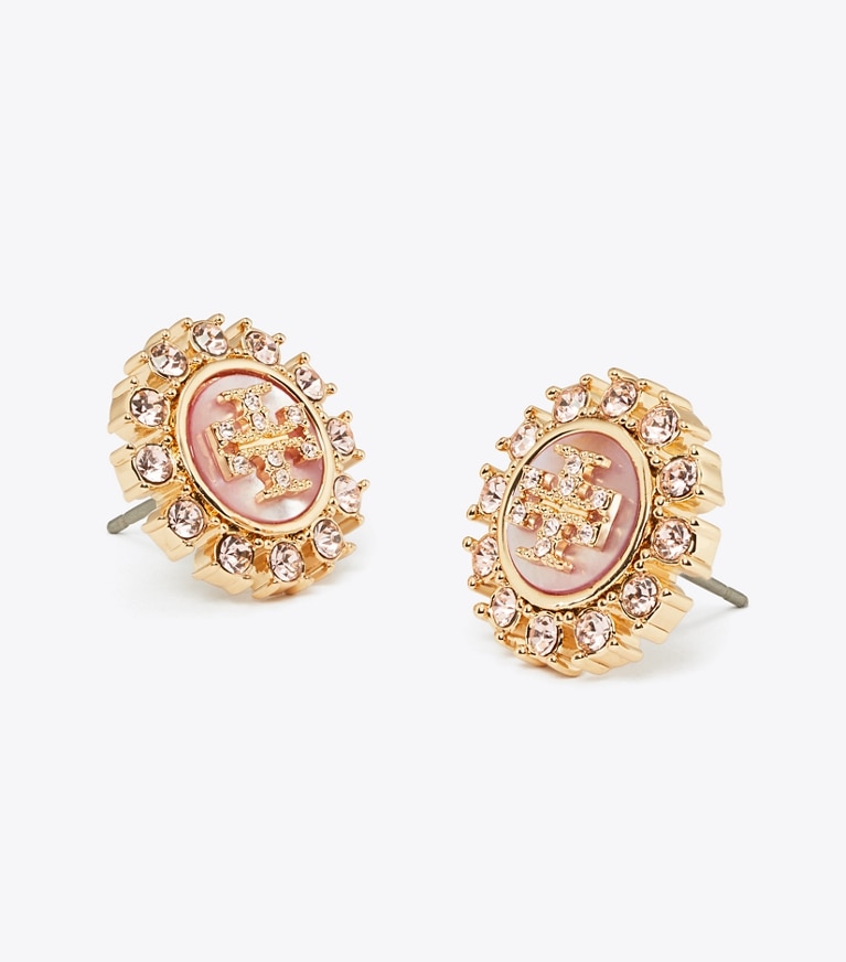 Tory Burch designer earrings Moondance Crystal Stud Earrings in Tory Gold / Pink front