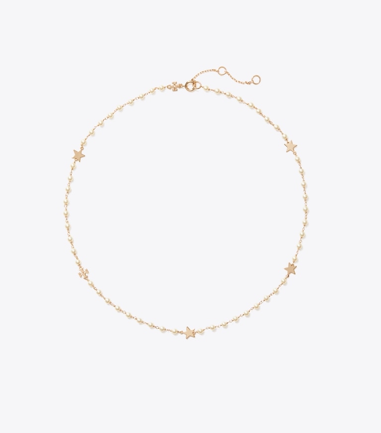 Tory Burch designer necklaces Moondance Delicate Pearl Star Necklace in Tory Gold / Cream front