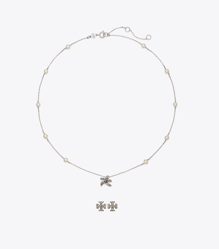 Tory Burch designer schmuckkästchen Moondance Geschenkset aus Halskette mit Anhänger und Ohrringen in Tory Silver / Pearl front