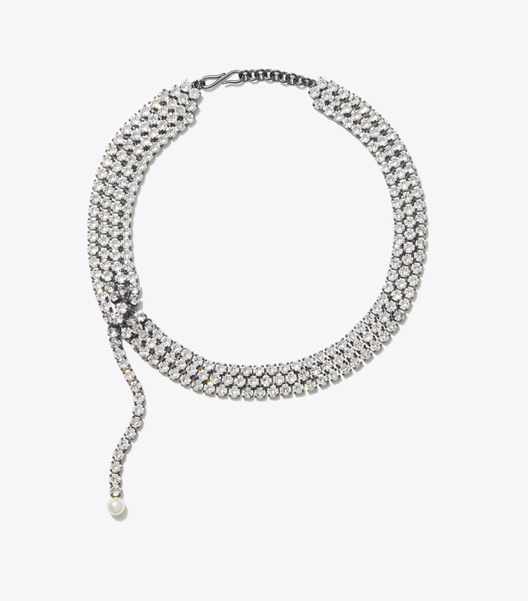 Tory Burch designer halsketten Moondance Halskette mit Kristallen und Perlen in Hematite / Crystal / Cream front