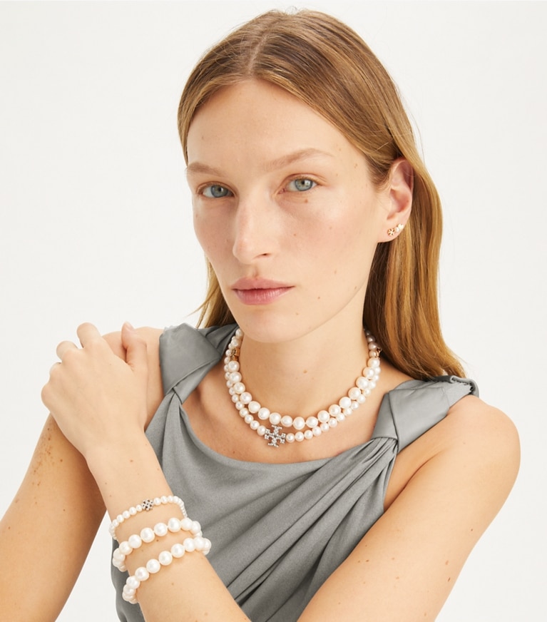 Tory Burch designer halsketten Moondance Halskette mit Perlen und Pavé in Tory Silver / Pearl / Crystal front
