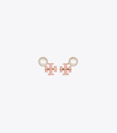 Tory Burch designer イヤリング&ピアス ムーンダンス ロゴ&パール スタッドピアス in Light Brass / Pearl / Pink front