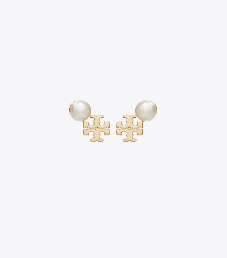 Tory Burch designer earrings Moondance Logo and Pearl Stud Earrings in Tory Gold / Pearl front