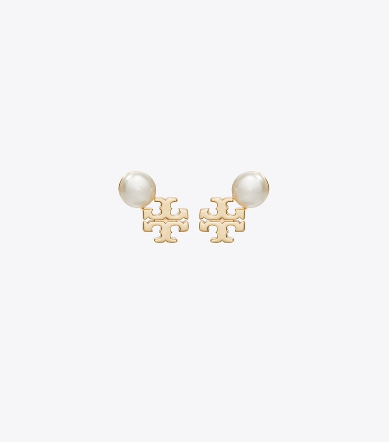 Tory Burch designer earrings Moondance Logo and Pearl Stud Earrings in Tory Gold / Pearl front