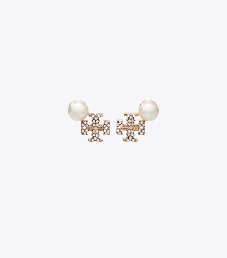Tory Burch designer earrings Moondance Logo and Pearl Stud Earrings in Tory Gold / Pearl / Crystal front