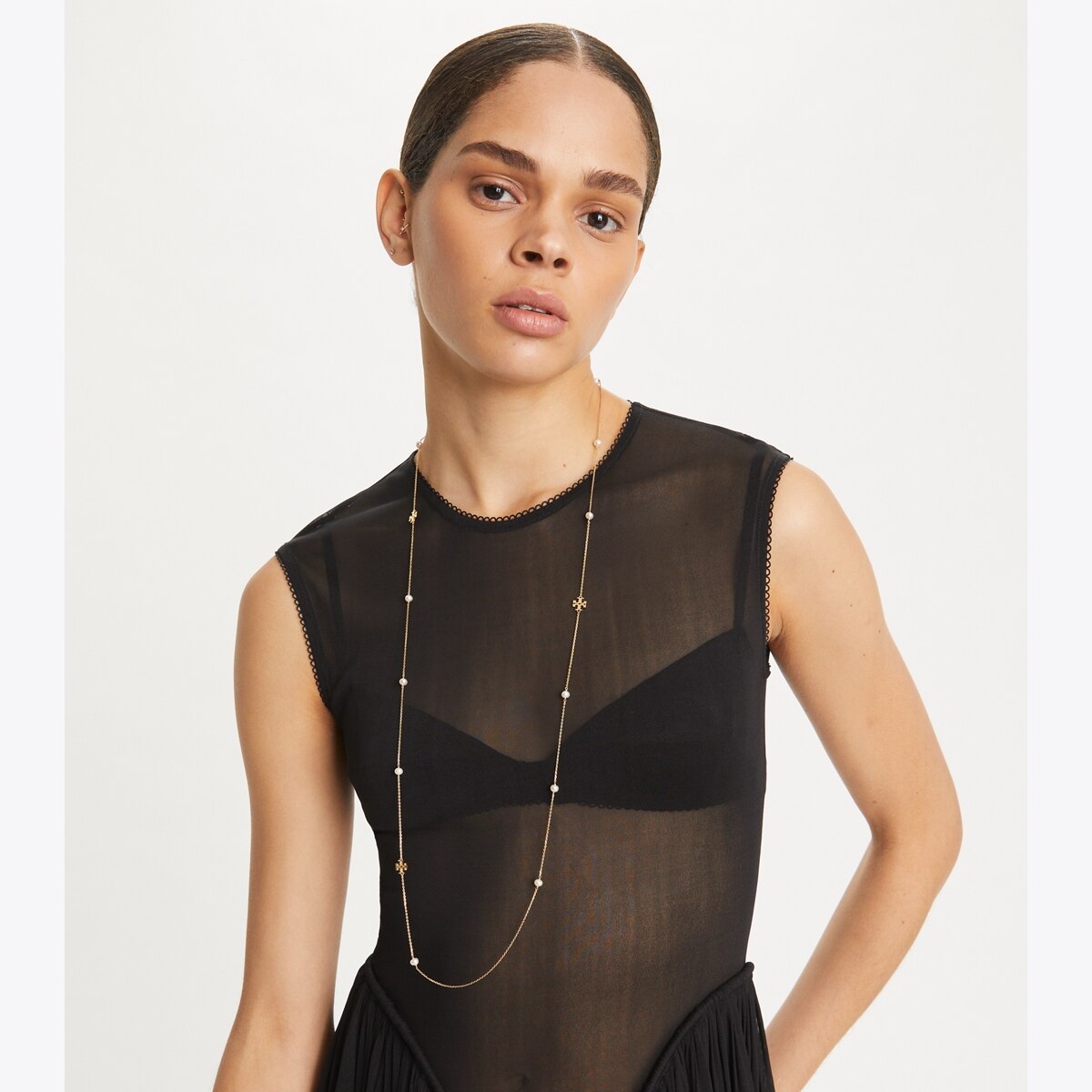 black dress pearl necklace Kalon Bandage Long Sleeve Maxi Pearl Necklace Dress – Mara Blak main image 1