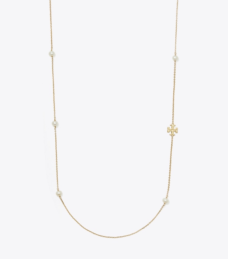 Tory Burch designer necklaces Moondance Long Pearl Necklace in Tory Gold / Pearl front