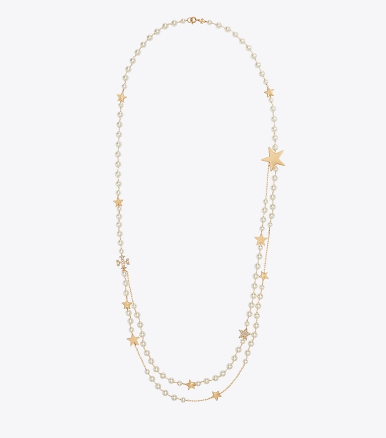 Tory Burch designer necklaces Moondance Long Pearl Necklace in Tory Gold / Cream / Crystal front