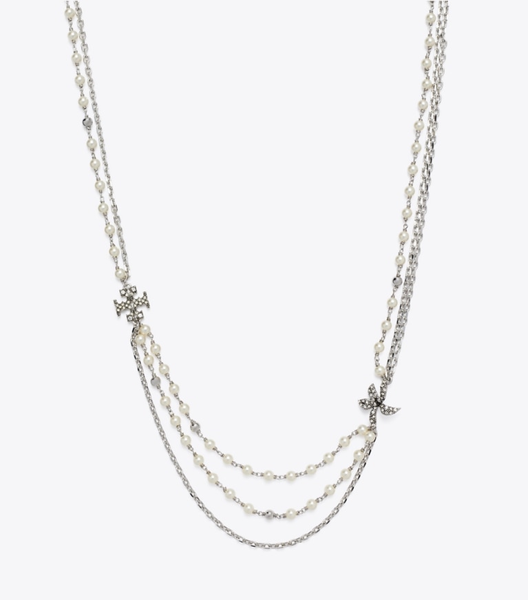 Tory Burch designer necklaces Moondance Multi Strand Pearl Necklace in Tory Silver / Pearl / Crystal detail