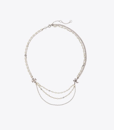Tory Burch designer necklaces Moondance Multi Strand Pearl Necklace in Tory Silver / Pearl / Crystal front