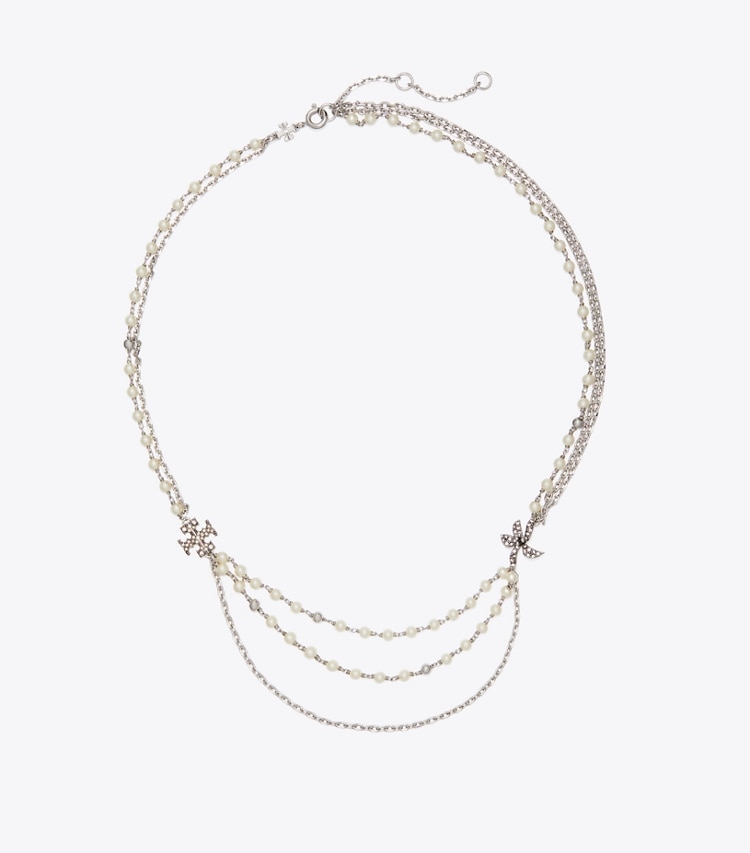 Tory Burch designer necklaces Moondance Multi Strand Pearl Necklace in Tory Silver / Pearl / Crystal front