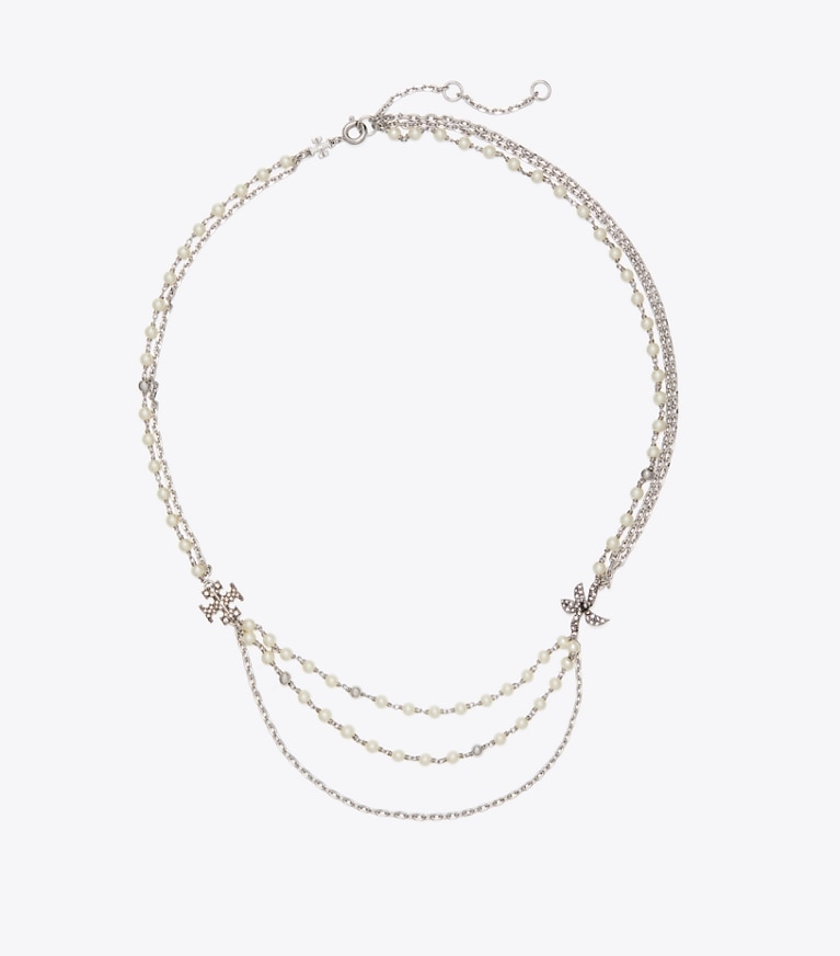 Tory Burch designer necklaces Moondance Multi Strand Pearl Necklace in Tory Silver / Pearl / Crystal front