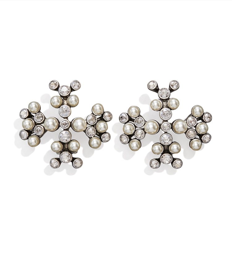 Tory Burch designer ohrringe Moondance Ohrringe mit Perle und Kristalllogo in Antique Tory Silver / Cream / Crystal additional