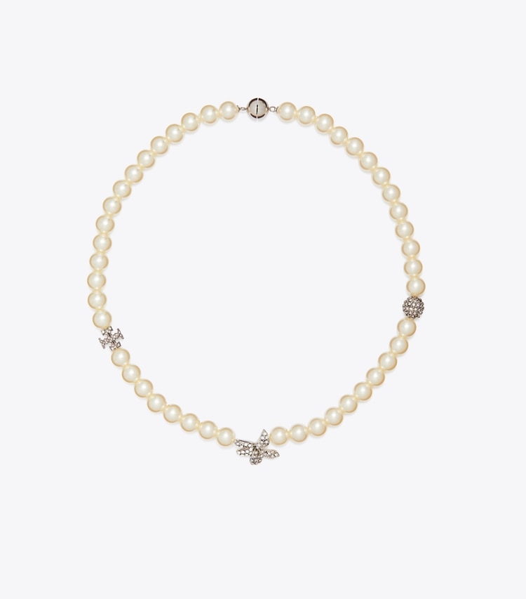 Tory Burch designer necklaces Moondance Pavé Flower Pearl Necklace in Tory Silver / Pearl / Crystal front
