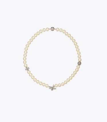 Tory Burch designer halsketten Moondance Pavé-Halskette mit Blumenperlen in Tory Silver / Pearl / Crystal front