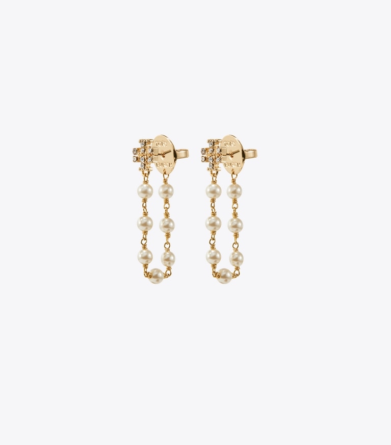 Tory Burch designer earrings Moondance Pearl and Chain Earrings in Tory Gold / Pearl / Crystal detail