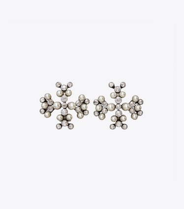 Tory Burch designer earrings Moondance Pearl And Crystal Logo Earrings in Antique Tory Silver / Cream / Crystal front
