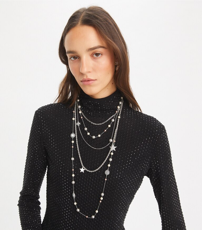 Tory Burch designer necklaces Moondance Pearl and Crystal Necklace in Tory Silver / Pearl / Crystal accessory on model