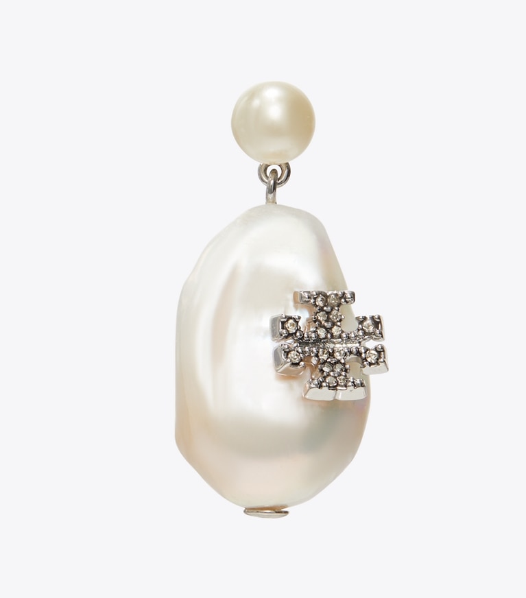 Tory Burch designer earrings Moondance Pearl and Flower Drop Earrings in Tory Silver / Pearl / Crystal detail