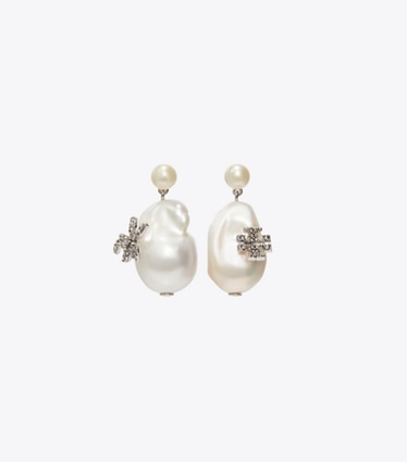 Tory Burch designer earrings Moondance Pearl and Flower Drop Earrings in Tory Silver / Pearl / Crystal front
