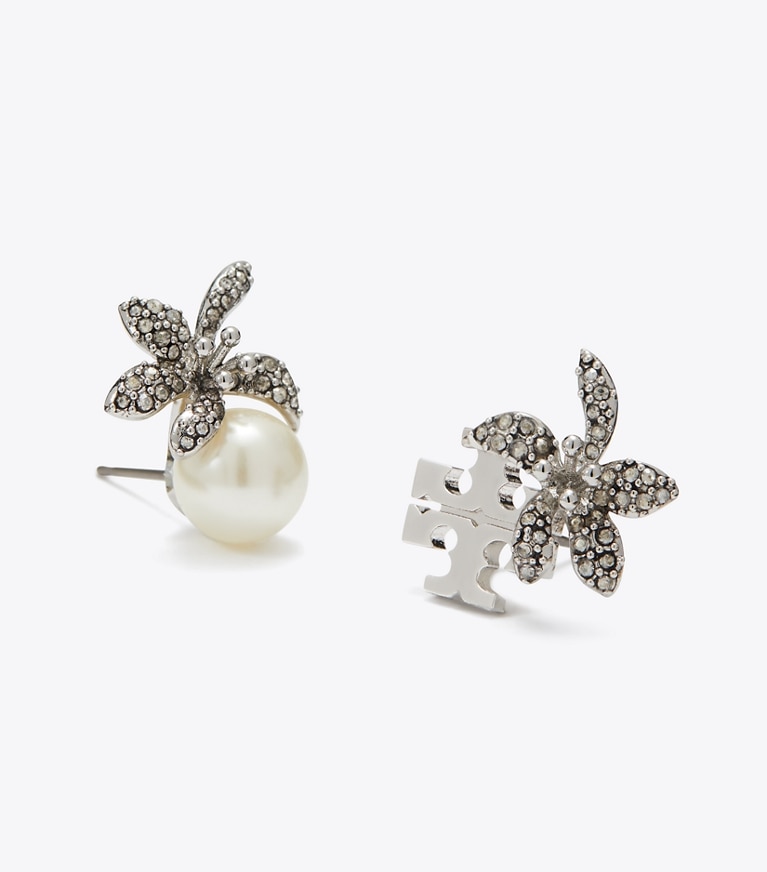 Tory Burch designer earrings Moondance Pearl and Flower Stud Earrings in Tory Silver / Pearl / Crystal detail