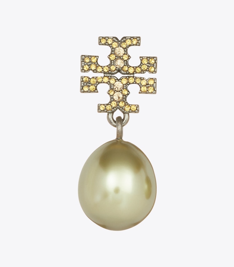 Tory Burch designer earrings Moondance Pearl and Pavé Drop Earring in Tory Silver / Green / Pink detail