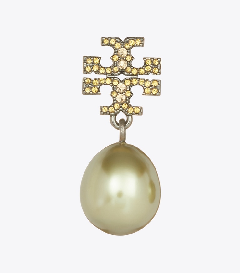 Tory Burch designer earrings Moondance Pearl and Pavé Drop Earring in Tory Silver / Green / Pink front