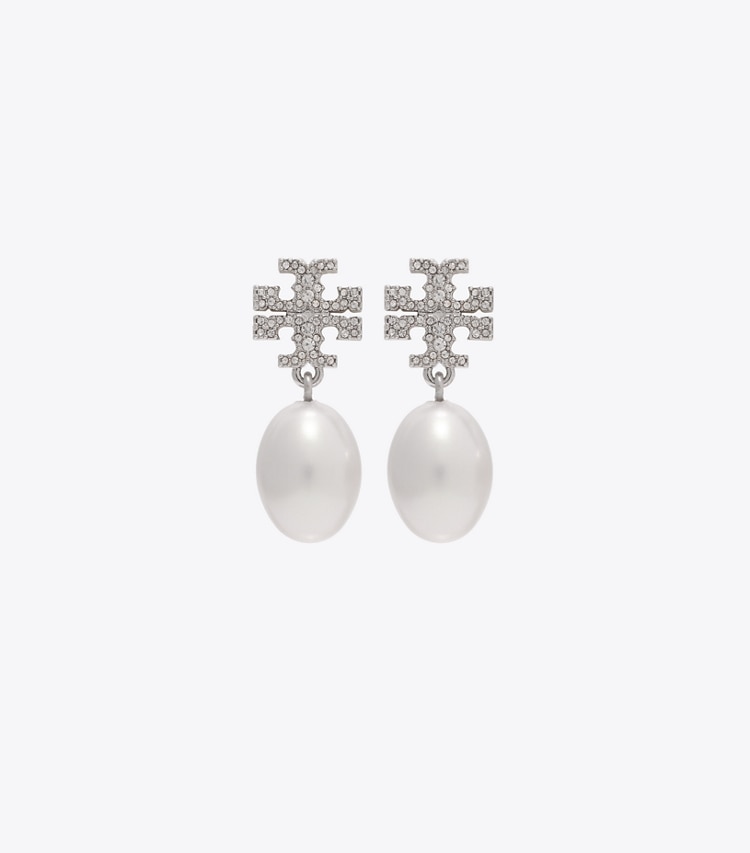 Tory Burch designer boucles d'oreilles Moondance Pearl and Pavé Drop Earring in Tory Silver / Pearl front