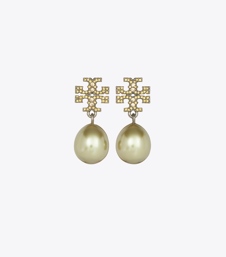 Tory Burch designer earrings Moondance Pearl and Pavé Drop Earring in Tory Silver / Green / Pink front