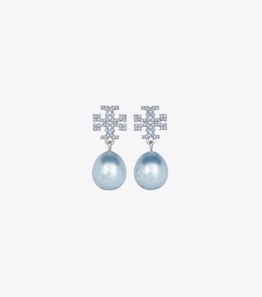 Tory Burch designer orecchini Moondance Pearl and Pavé Drop Earring in Tory Silver / Blue front