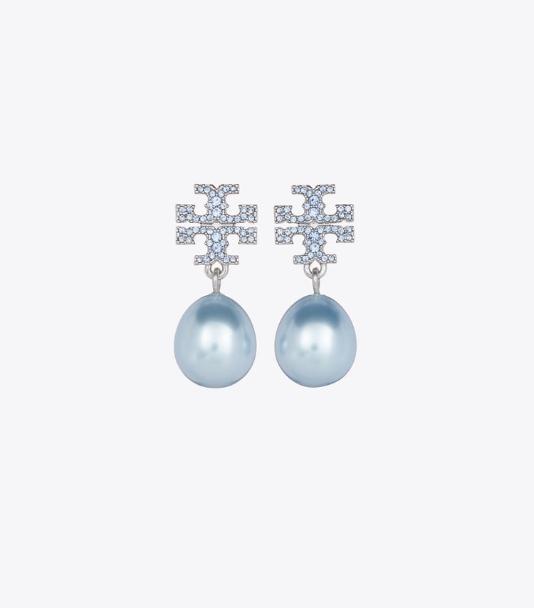 Tory Burch designer earrings Moondance Pearl and Pavé Drop Earring in Tory Silver / Blue front
