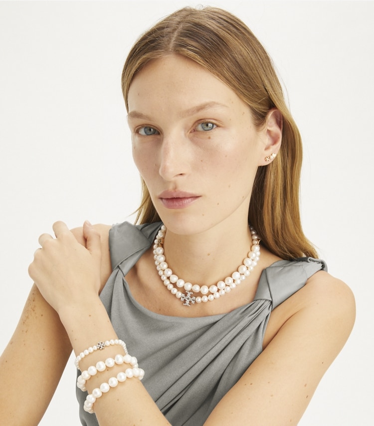 Tory Burch designer necklaces Moondance Pearl and Pavé Necklace in Tory Silver / Pearl / Crystal additional on model