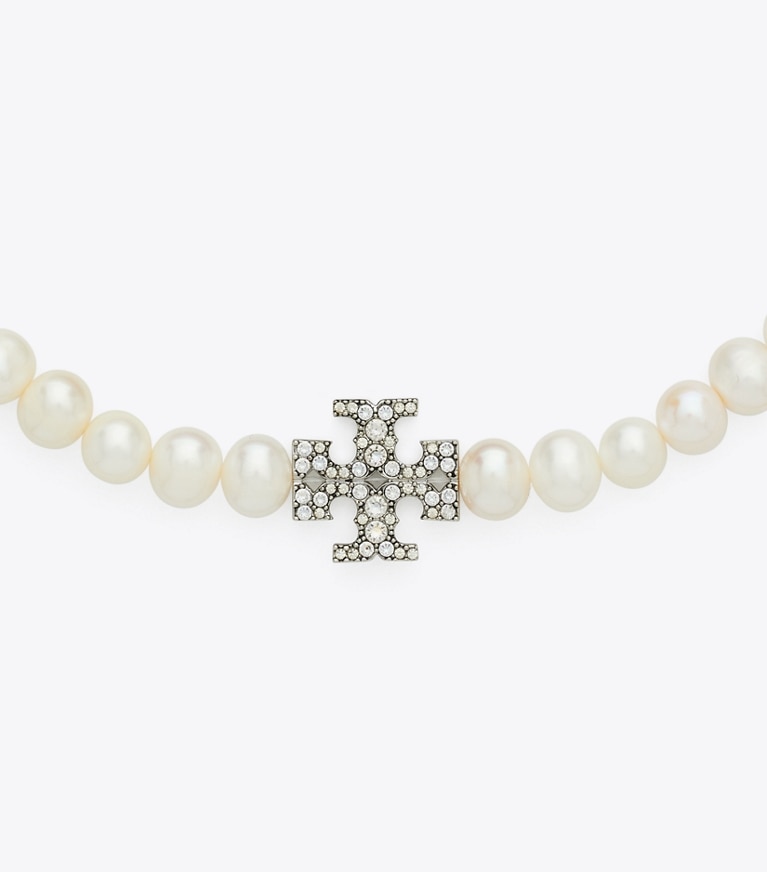 Tory Burch designer necklaces Moondance Pearl and Pavé Necklace in Tory Silver / Pearl / Crystal front