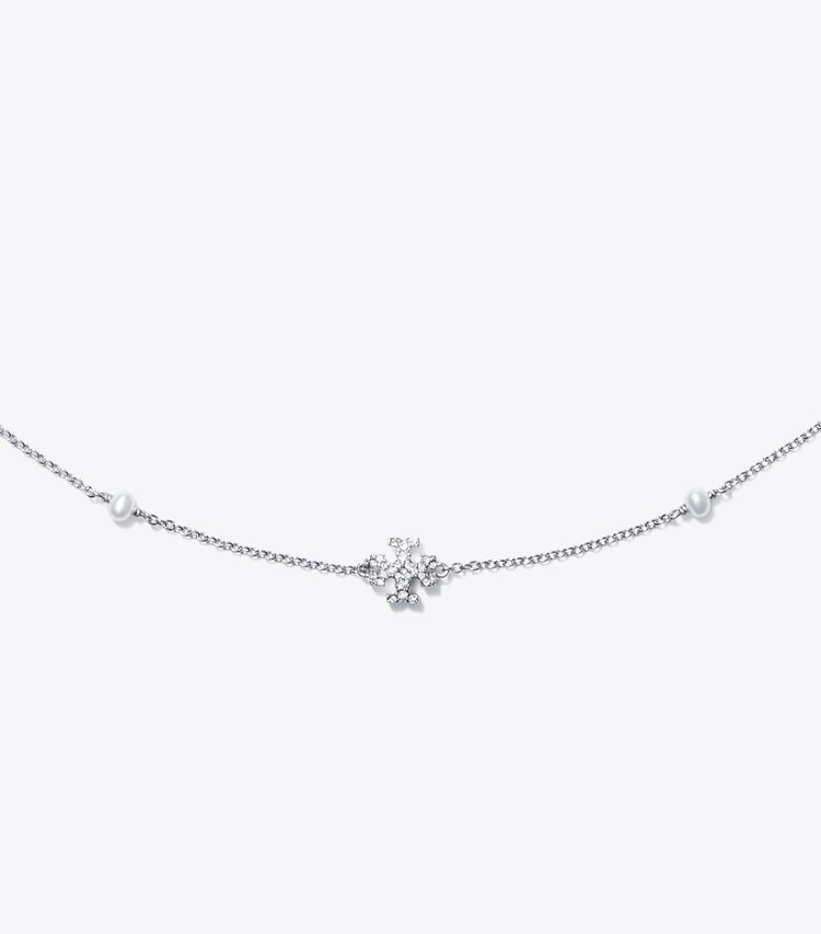 Tory Burch designer necklaces Moondance Pearl and Pavé Necklace in Tory Silver / Crystal / Pearl detail