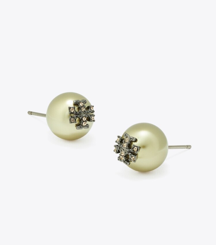Tory Burch designer earrings Moondance Pearl and Pavé Stud Earrings in Green detail