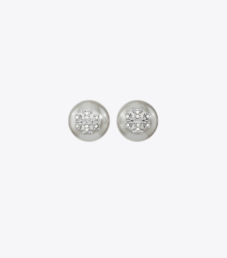 Tory Burch designer earrings Moondance Pearl and Pavé Stud Earrings in Gray front