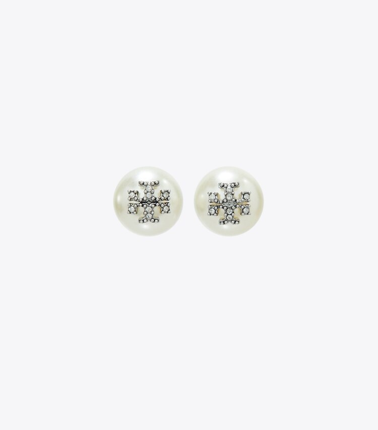 Tory Burch designer earrings Moondance Pearl and Pavé Stud Earrings in Tory Silver / Pearl / Crystal front