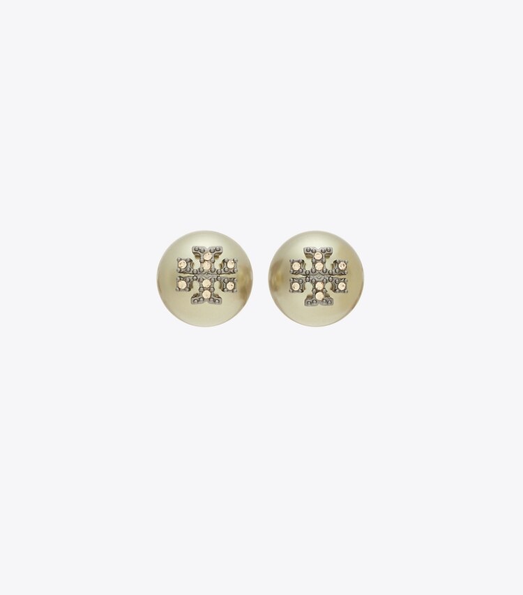 Tory Burch designer earrings Moondance Pearl and Pavé Stud Earrings in Green front
