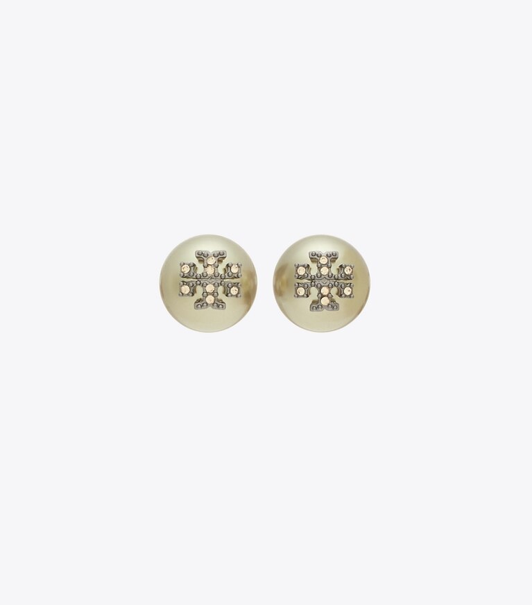 Tory Burch designer earrings Moondance Pearl and Pavé Stud Earrings in Green front