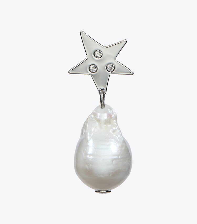 Tory Burch designer earrings Moondance Pearl and Star Drop Earrings in Tory Silver / Pearl / Crystal detail
