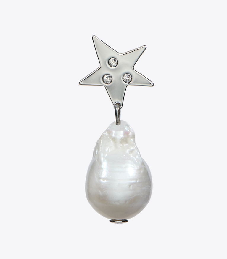 Tory Burch designer earrings Moondance Pearl and Star Drop Earrings in Tory Silver / Pearl / Crystal front