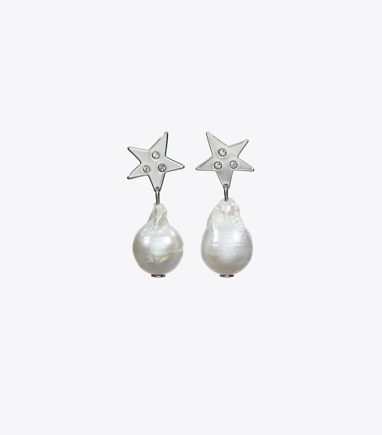 Tory Burch designer earrings Moondance Pearl and Star Drop Earrings in Tory Silver / Pearl / Crystal front