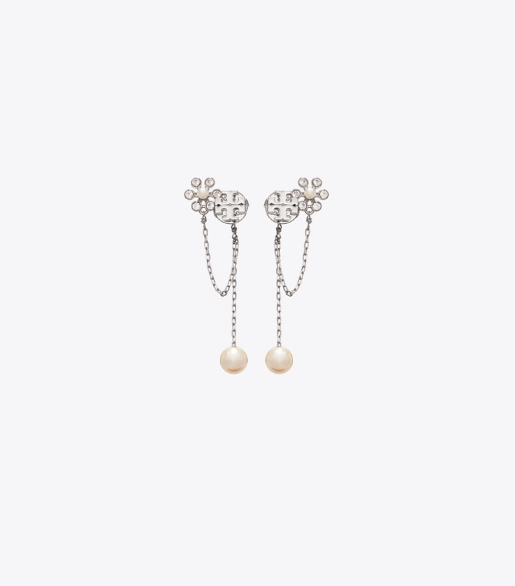 Tory Burch designer イヤリング＆ピアス ムーンダンス パール チェーン ピアス in Tory Silver / Cream front